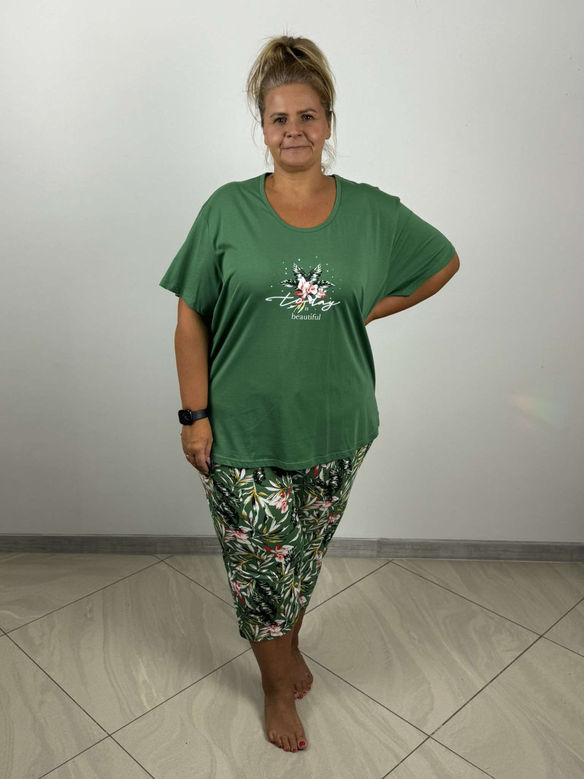 Piżama bawełniana, spodnie 3/4 LIŚCIE - 6XL/7XL - 7930 - zielona