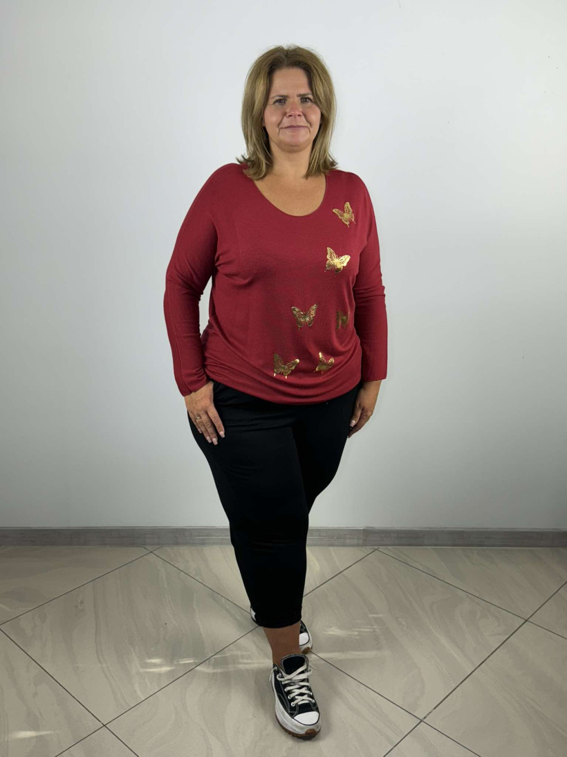 Sweter jednokolorowy - wzór złote motylki - Wł. - 22364 - bordo - promocja