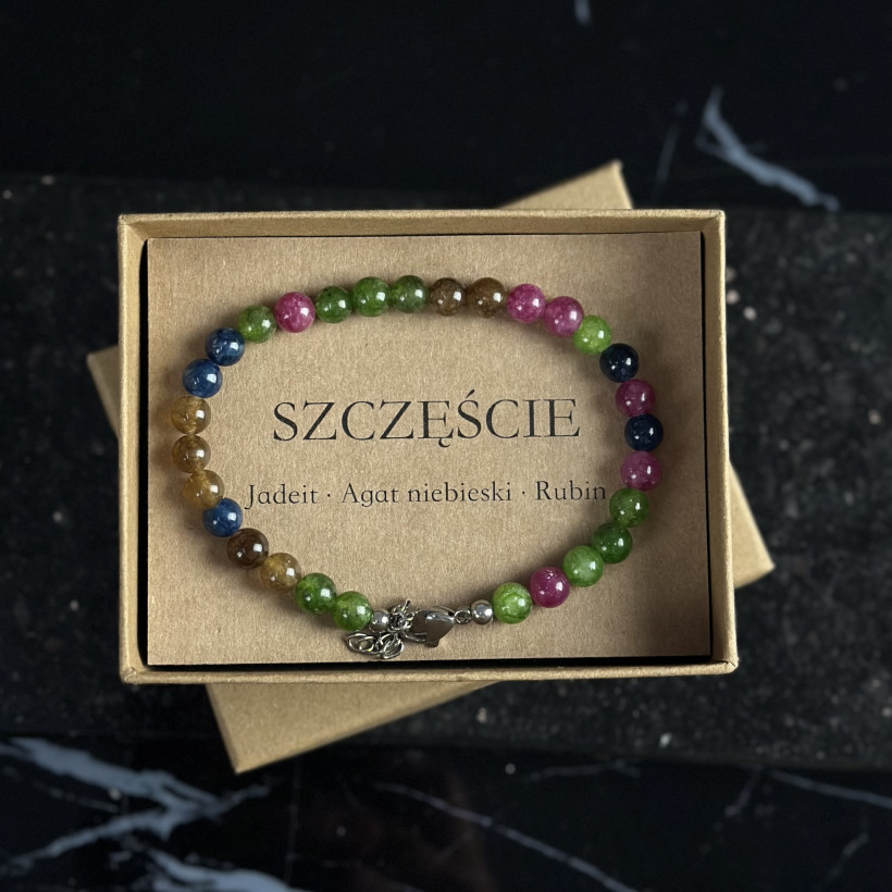 XO133 Bransoletka szczęścia- Jadeit, Rubin, Agat niebieski