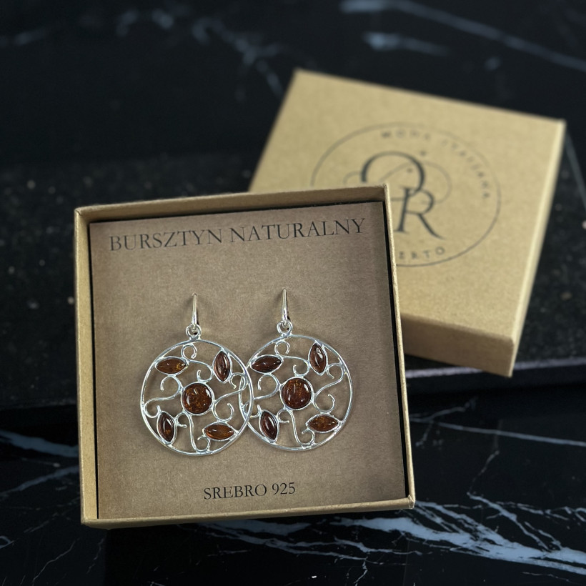 XO148 Kolczyki kola wzorki bursztyn bałtycki srebro 925