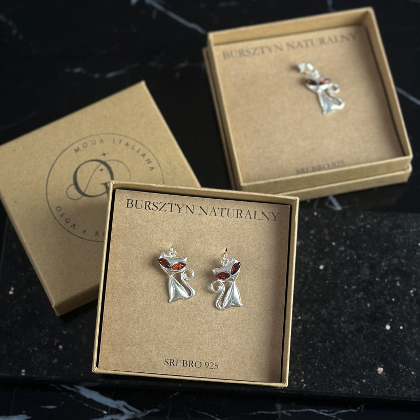 XO150 kolczyki koty bursztyn bałtycki srebro 925