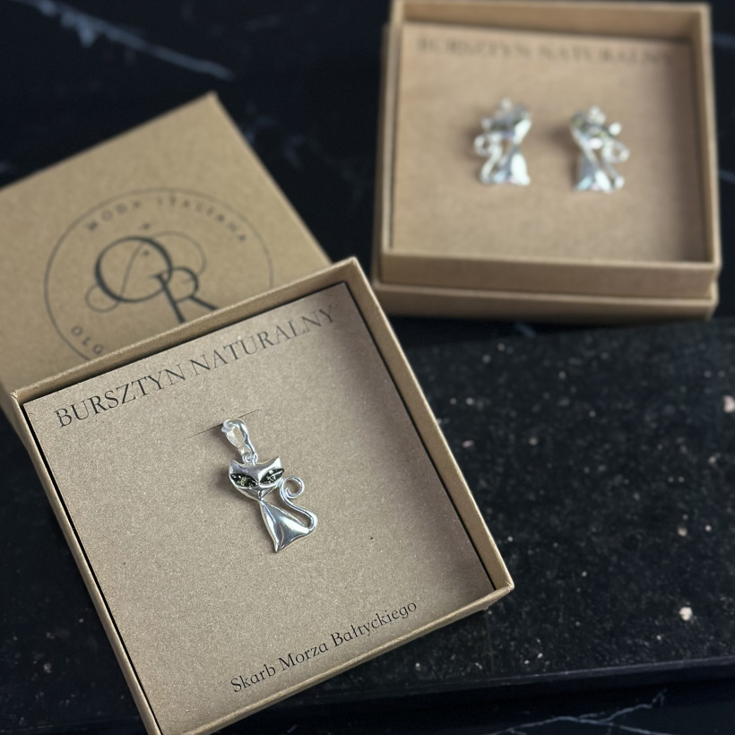 XO151 Zawieszka kot bursztyn bałtycki srebro 925
