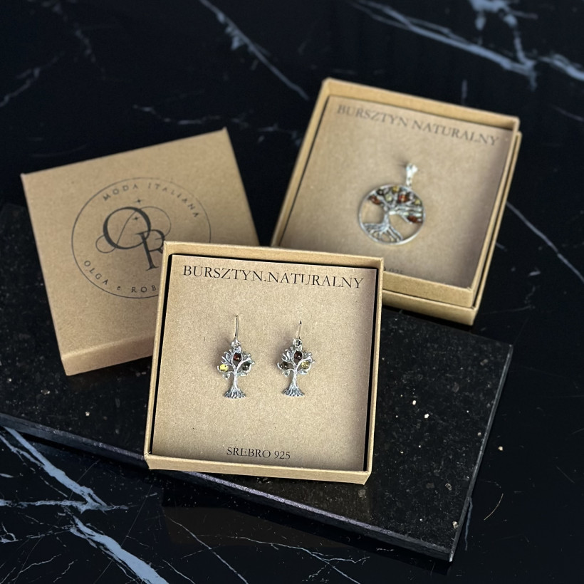 Xo153 Kolczyki drzewo bursztyn bałtycki srebro 925