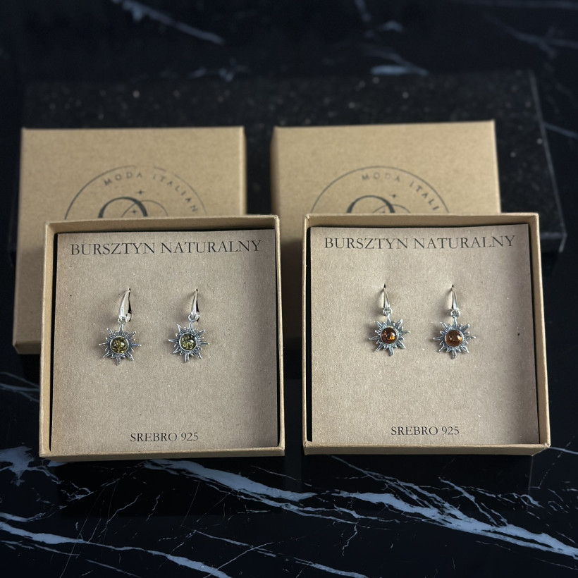XO162 kolczyki słońce bursztyn naturalny srebro 925