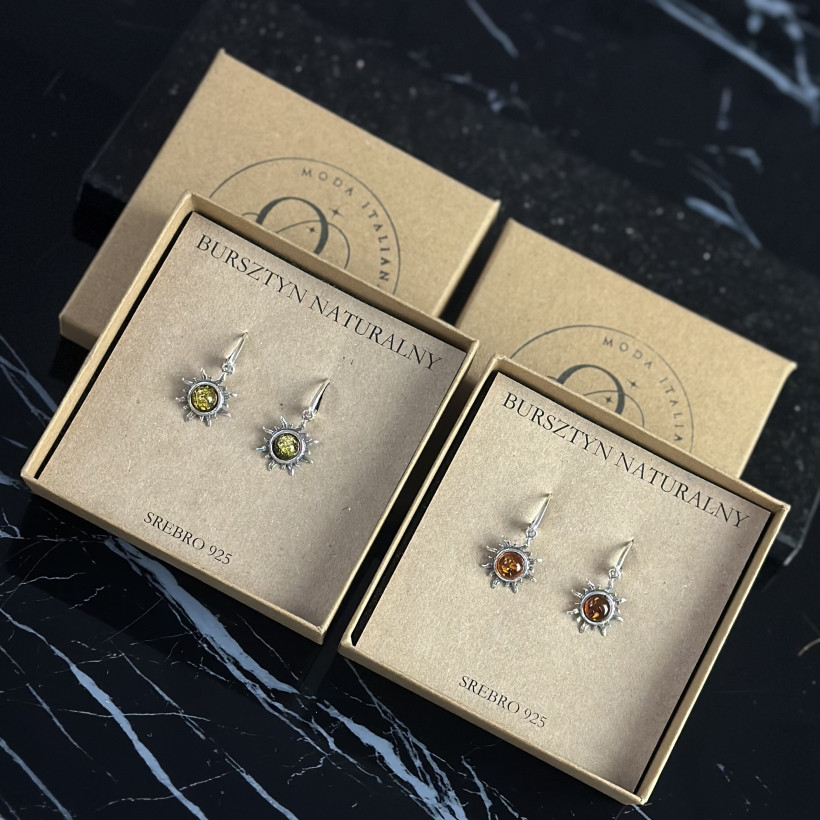 XO163 kolczyki słońce bursztyn naturalny srebro 925
