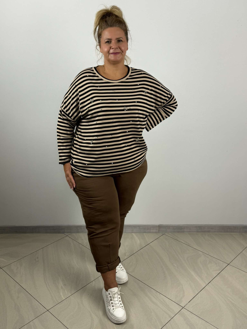 Bluzka w paski z cyrkoniami - NC - 21144 - fango z czarnym - promocja