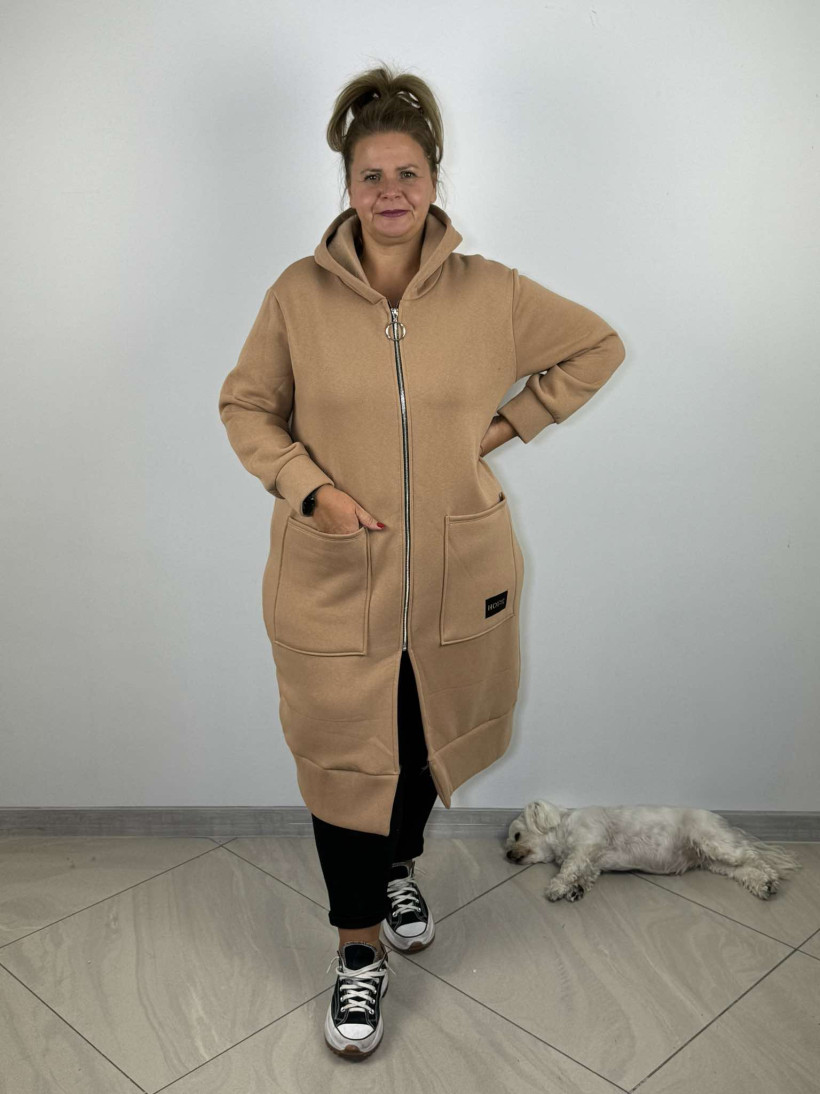 Bluza długa na zamek z kapturem - Wł. - 95200 - camel