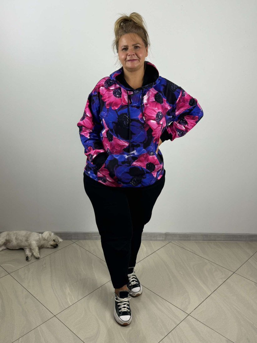 Bluza bawełniana z kapturem  rozm.3XL/4XL , KWIATY - WW - 2150