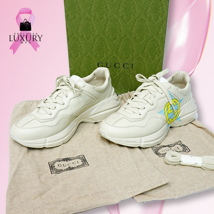 GUCCI Leather Rhyton Interlocking G Star Sneakers Size 9 Beige