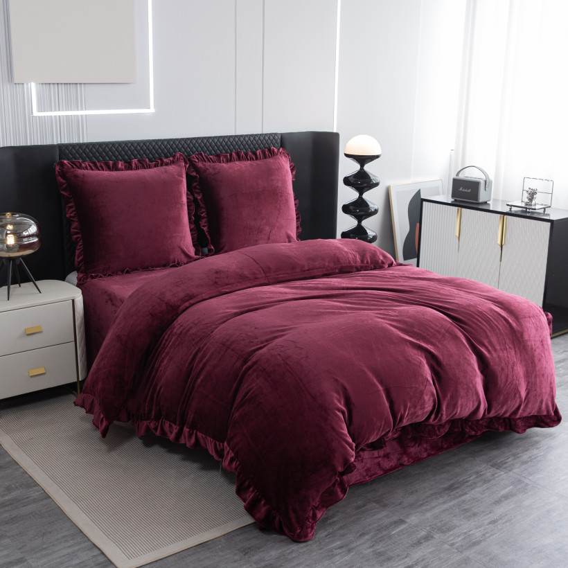 Pościel 160x200cm bordo 3 cz. Mikrofibra welurowa SHF-2816