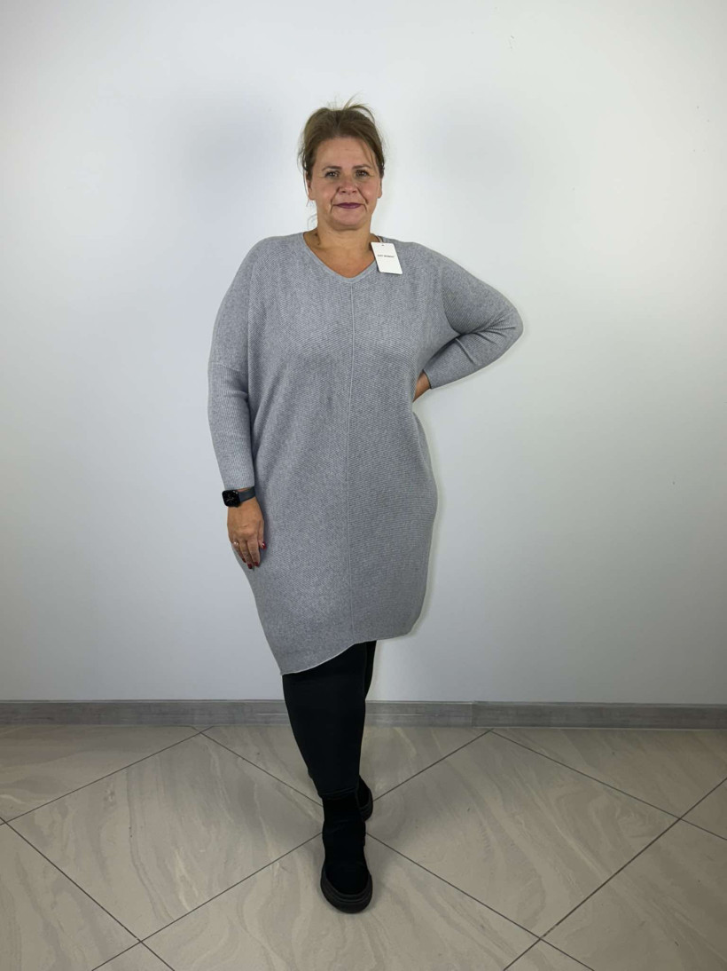 Sweter/tunika jednokolorowy  prążkowany - JUSTW - 8431 - siwy