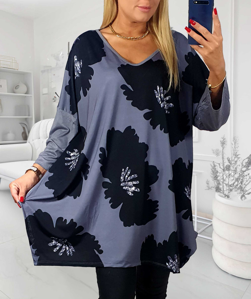 Tunika Plus Size NINA GRAFIT KWIATY