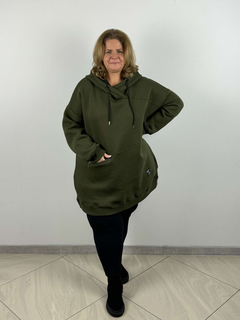 Bluza dłuższa XL ciepła z kapturem, kieszonka na zamek z przodu - ww - 7346 / 816 - khaki