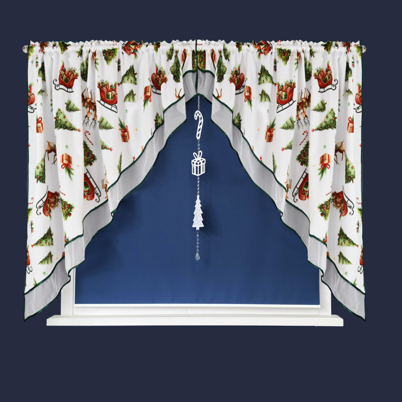 Firana świąteczna 400x145cm biała w sanie i renifery L696S
