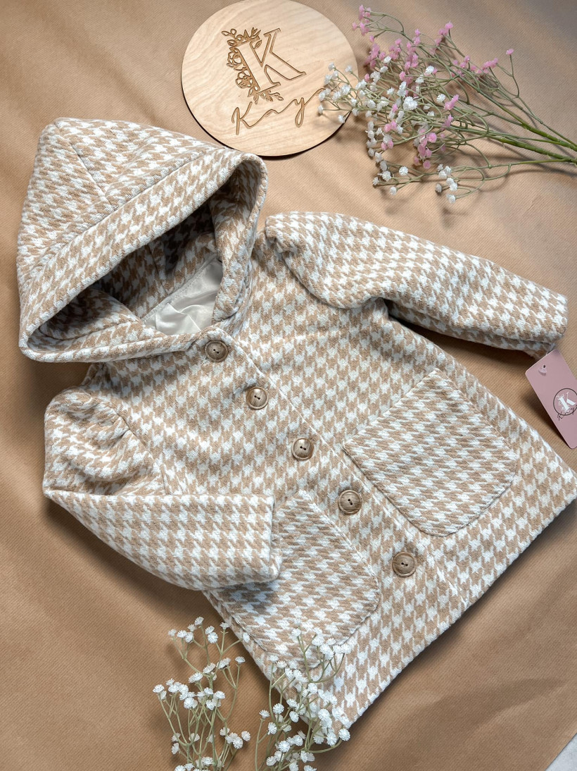 Płaszcz beżowa jodełka z kapturkiem