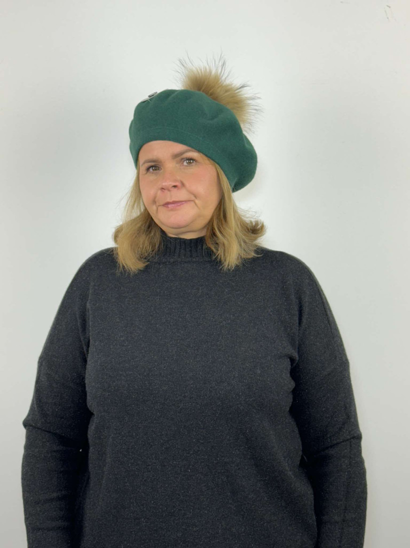 Beret z pomponem - 2401 - butelkowa zieleń