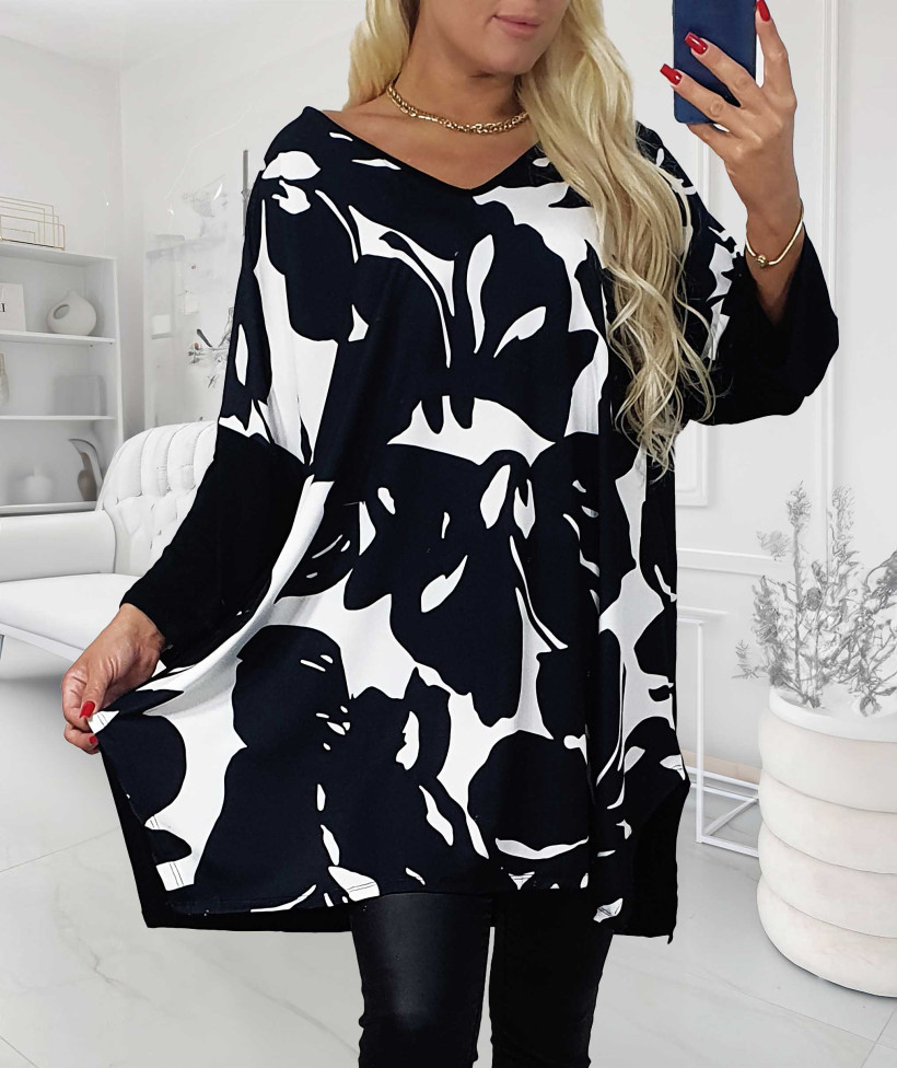 Tunika Plus Size NINA B&W KWIATY