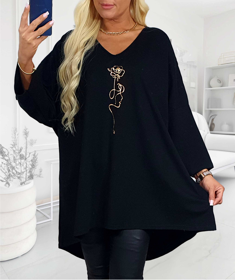 Bawełniana Tunika Plus Size  ZŁOTA RÓŻA - czarny