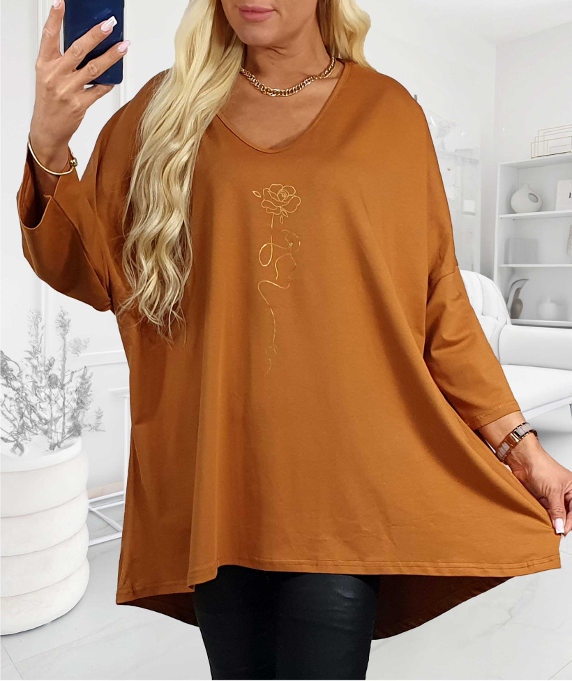 Bawełniana Tunika Plus Size  ZŁOTA RÓŻA - karmel