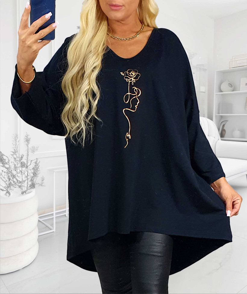 Bawełniana Tunika Plus Size  ZŁOTA RÓŻA - granat
