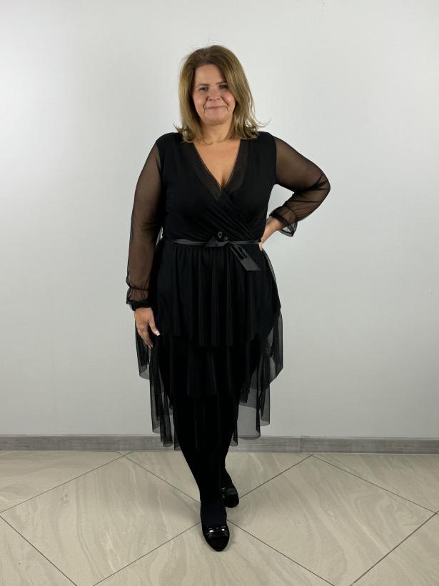 Sukienka tiulowa na podszewce odcinana w pasie z kokardą - wł. - 1129 - czarna