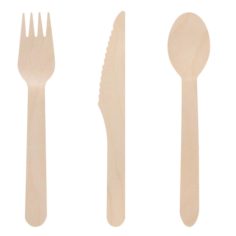 Zestaw jednorazowych sztućców drewnianych 150 sztuk łyżki, noże, widelce