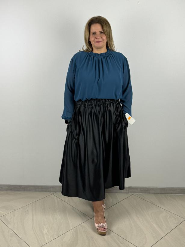 Bluzka tiulowa elegancka z długim rękawem, ściągacz przy rękawach, spodzie i dekoldzie - wł. - 7447 - morski