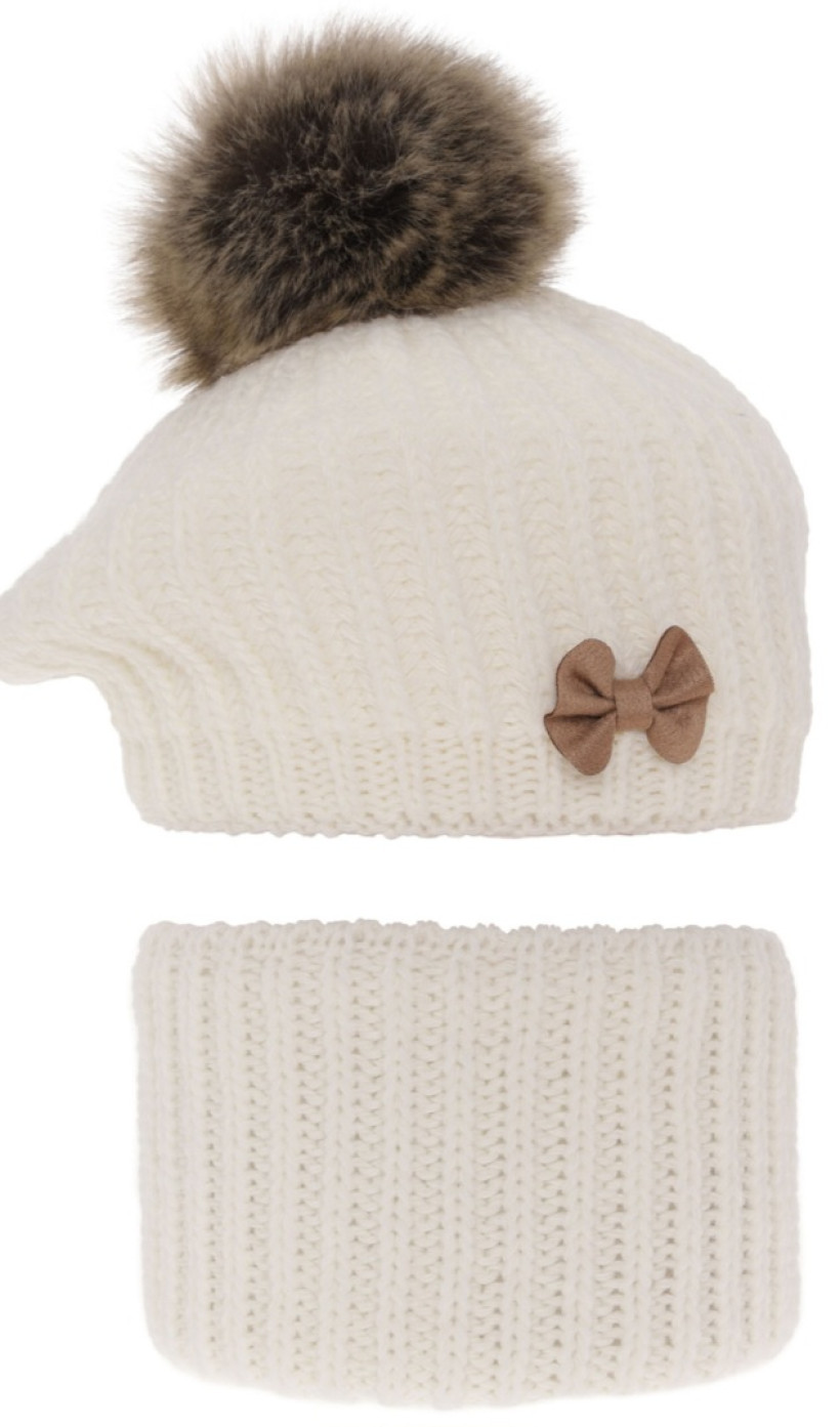 Komplet zimowy beret z pomponem i komin kremowy
