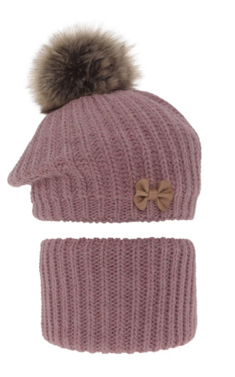 Komplet zimowy beret z pomponem i komin wrzos 