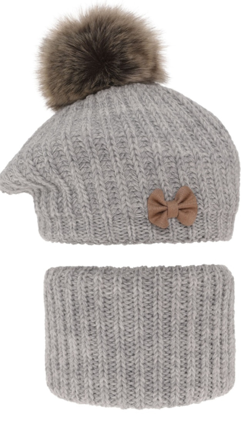 Komplet zimowy beret z pomponem i komin szary