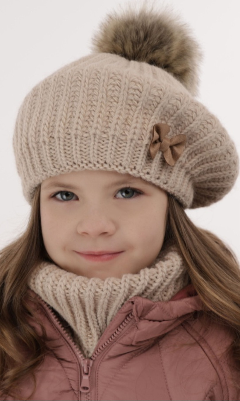 Komplet zimowy beret z pomponem i komin beżowy