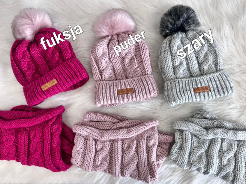 CZAPKA POMPON + KOMIN PUDER UNI ZIMA STAR KIDS 