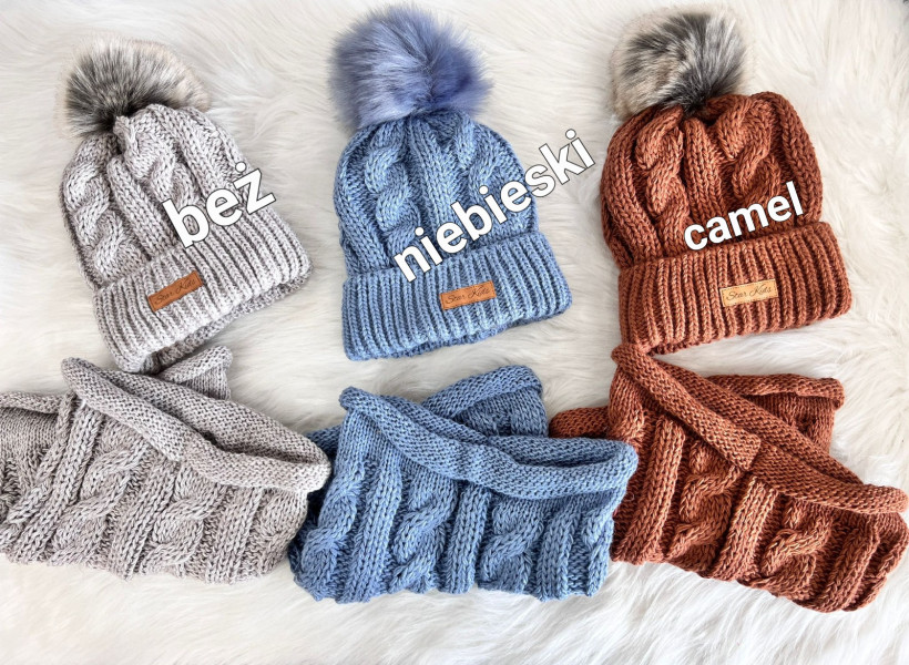 CZAPKA POMPON + KOMIN NIEBIESKI UNI ZIMA STAR KIDS