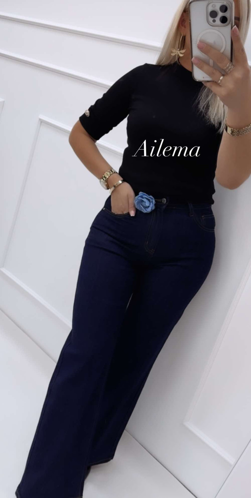 Spodnie ITAIMASKA ciemny jeans prosta nogawka pasek niebieski kwiat HS-2055