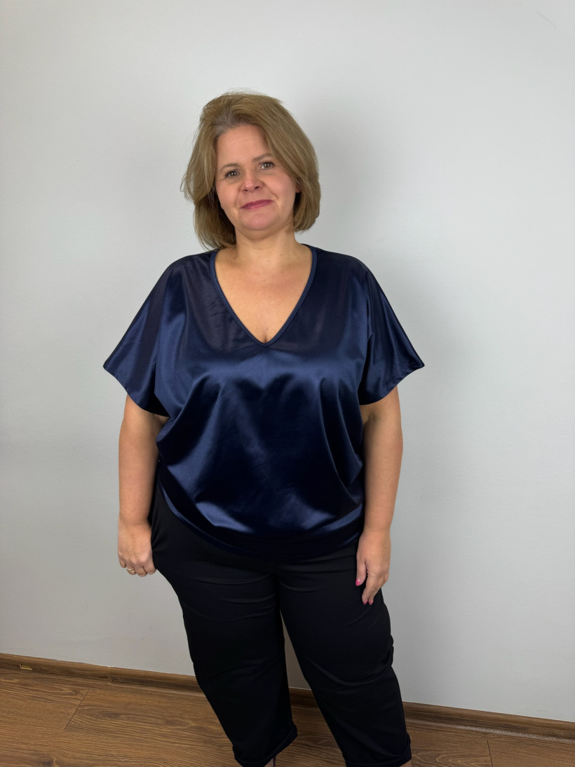 Tunika satynowa w serek gładka - mf - 7717 - granat