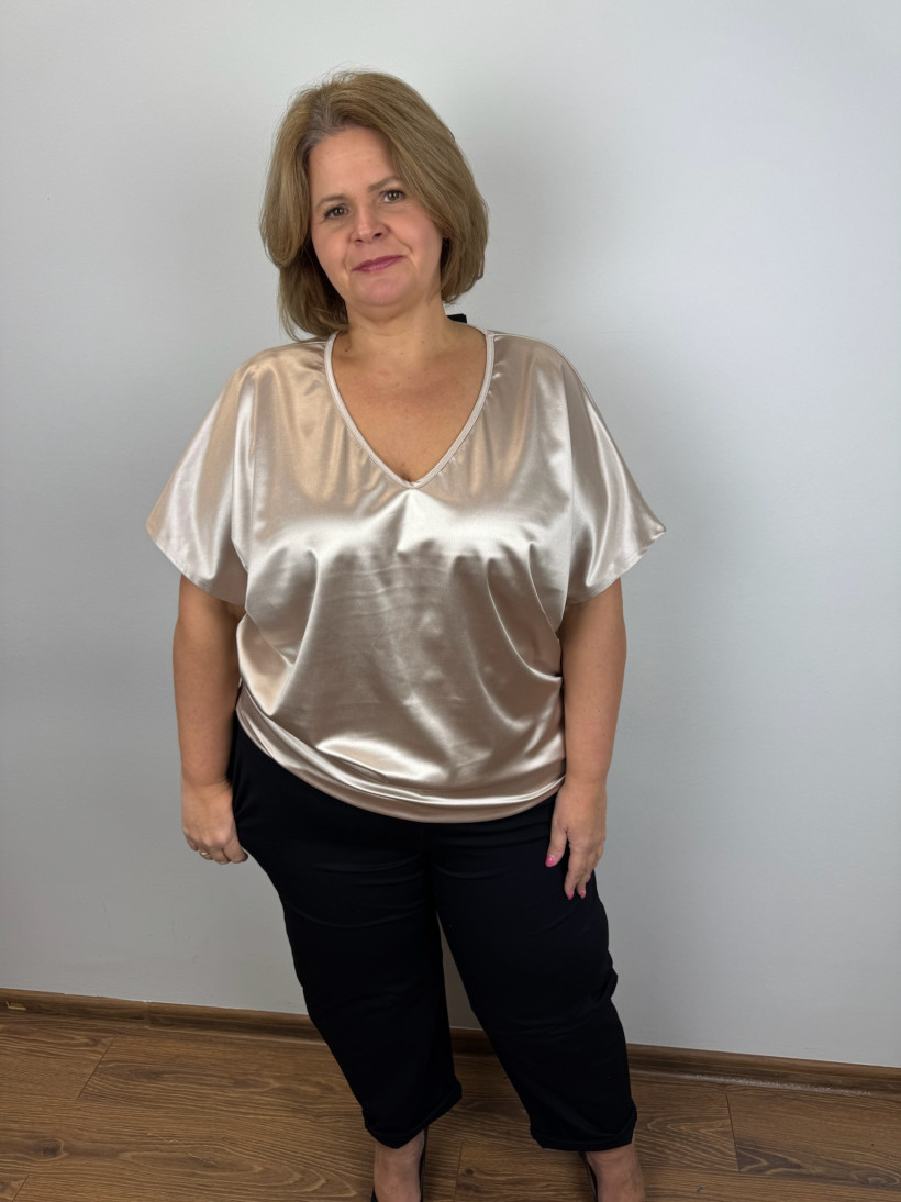 Tunika satynowa w serek gładka - mf - 7717 - beż