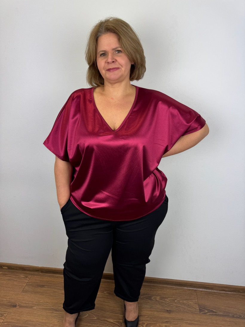 Tunika satynowa w serek gładka - mf - 7717 - bordo