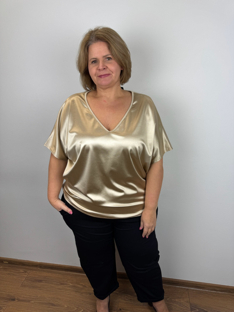 Tunika satynowa w serek gładka - mf - 7717 - camelowy