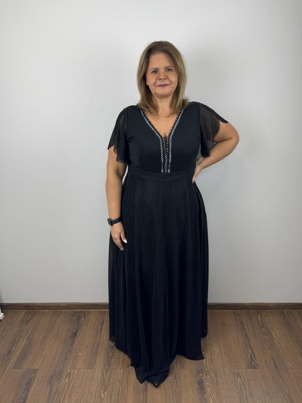 Sukienka balowa z połyskiem, dekold ozdobiony perełkami, rozm.52 - 38984 - czarna - promocja