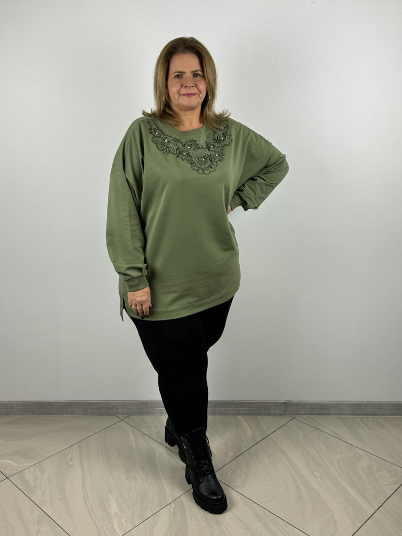 Bluza z ozdobą przy dekoldzie  - rozm. xl- ww - 7744 - khaki