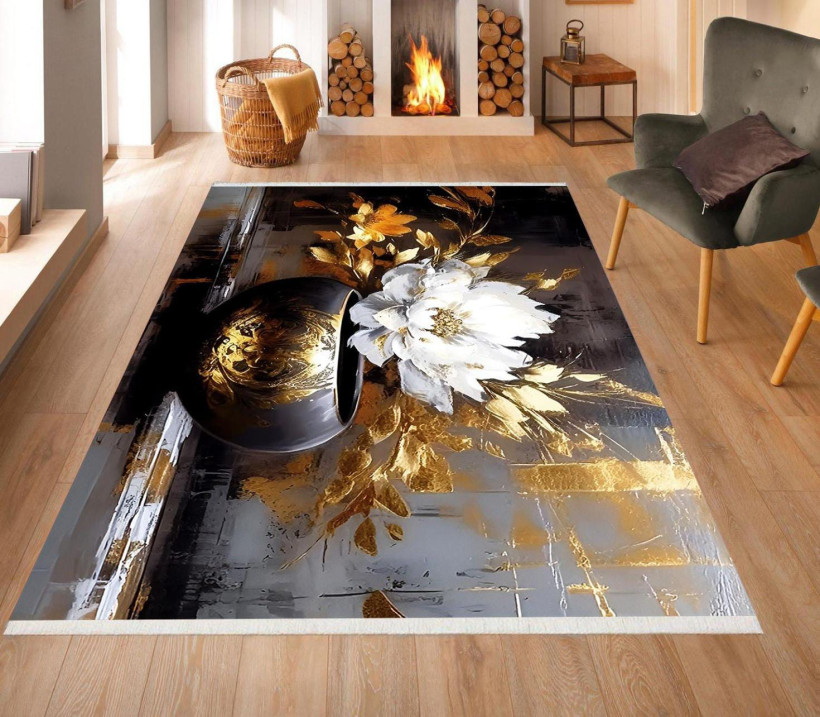 Dywan z chwostami białe i złote kwiaty w wazonie 160x220cm