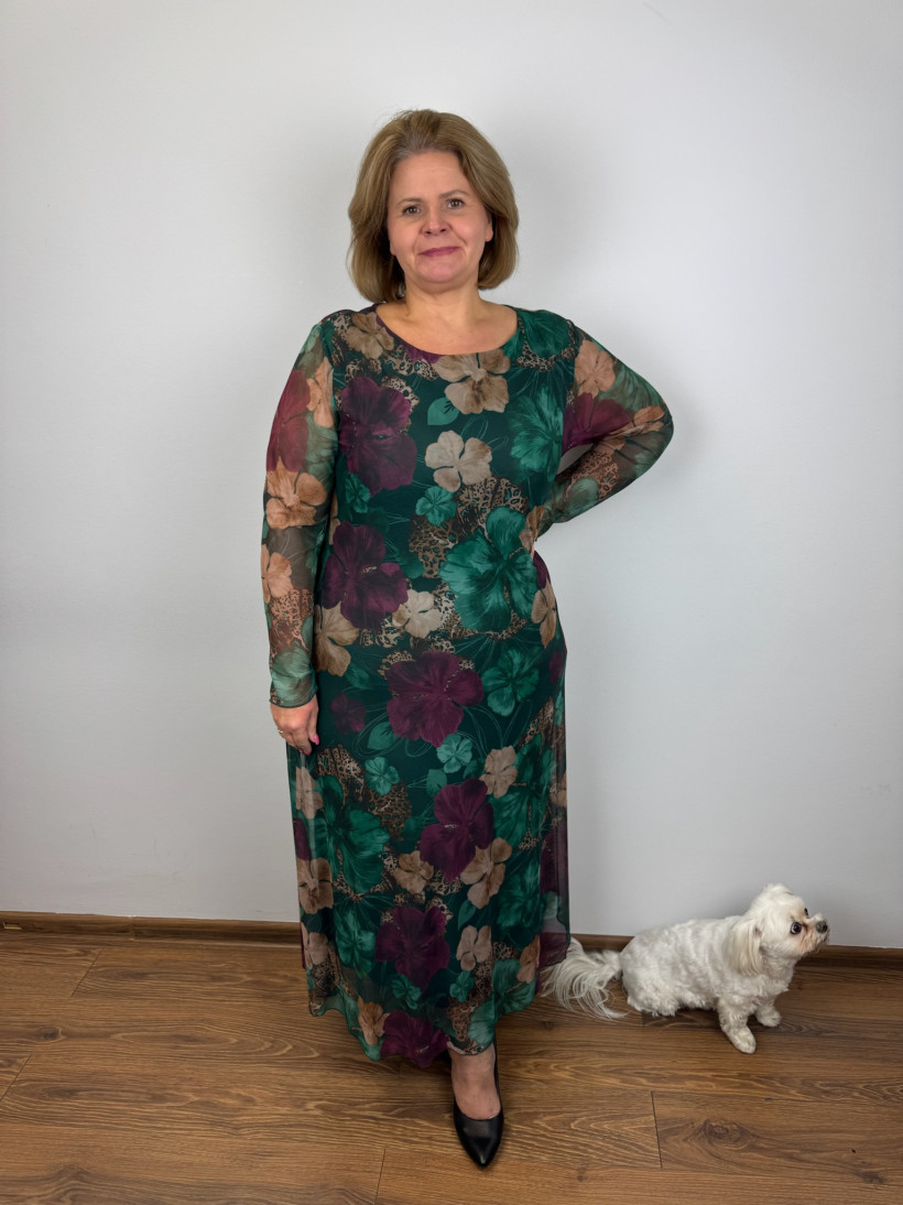 Sukienka tiulowa na podszewce prosta , maxi, kwiaty - wł. - 1853 - zieleń