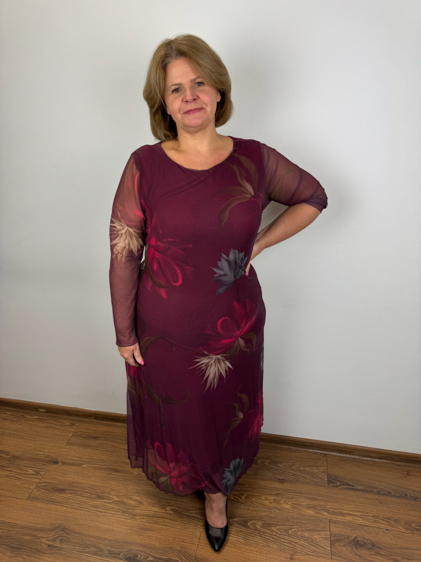 Sukienka tiulowa na podszewce prosta , maxi, duży kwiat - wł. - 1853 - bordo