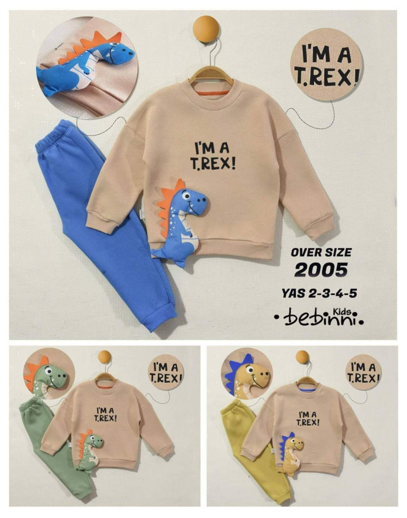 Komplet dino ocieplany bezowa bluza + niebieskie
