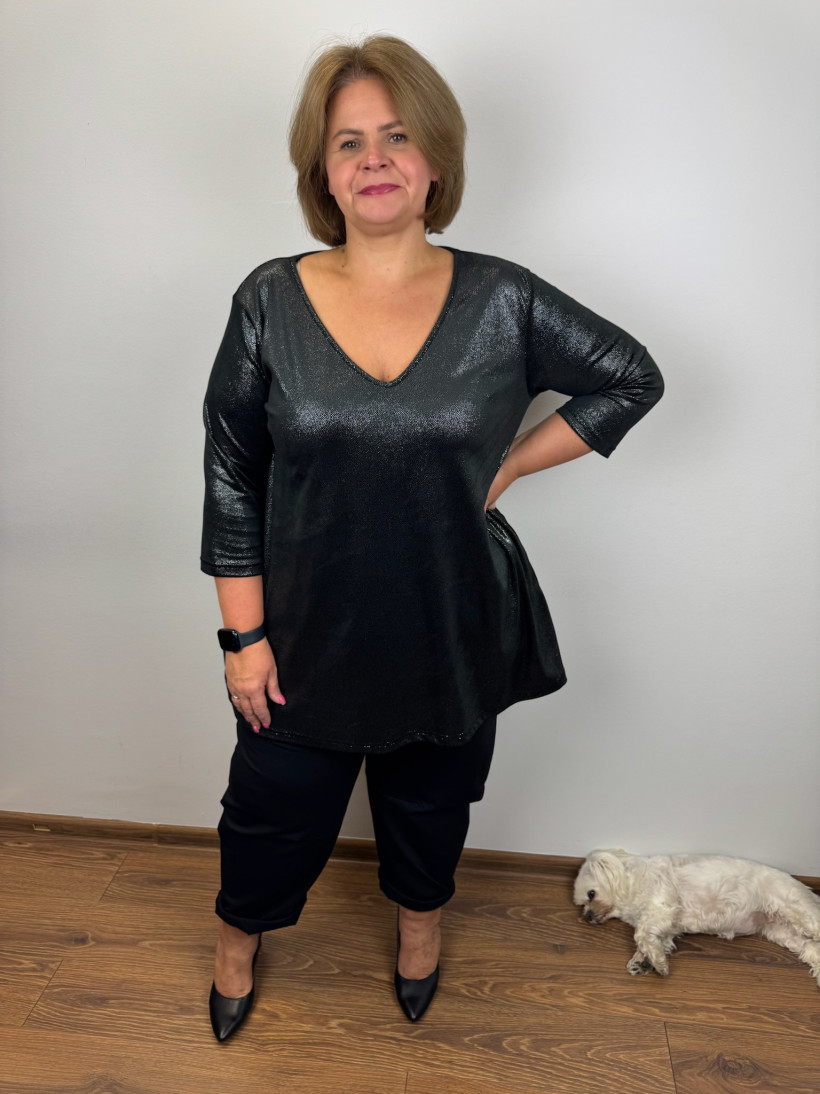 Tunika w serek welurowa z połyskiem - mf - 3 - 8092 - czarna