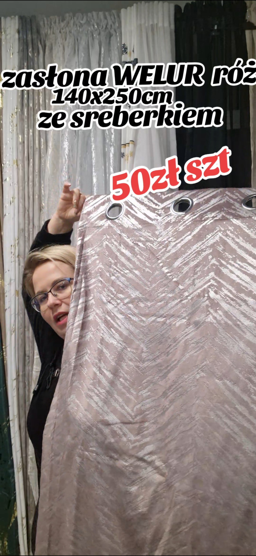 Zaslona zygzak welur róż ze sreberkiem