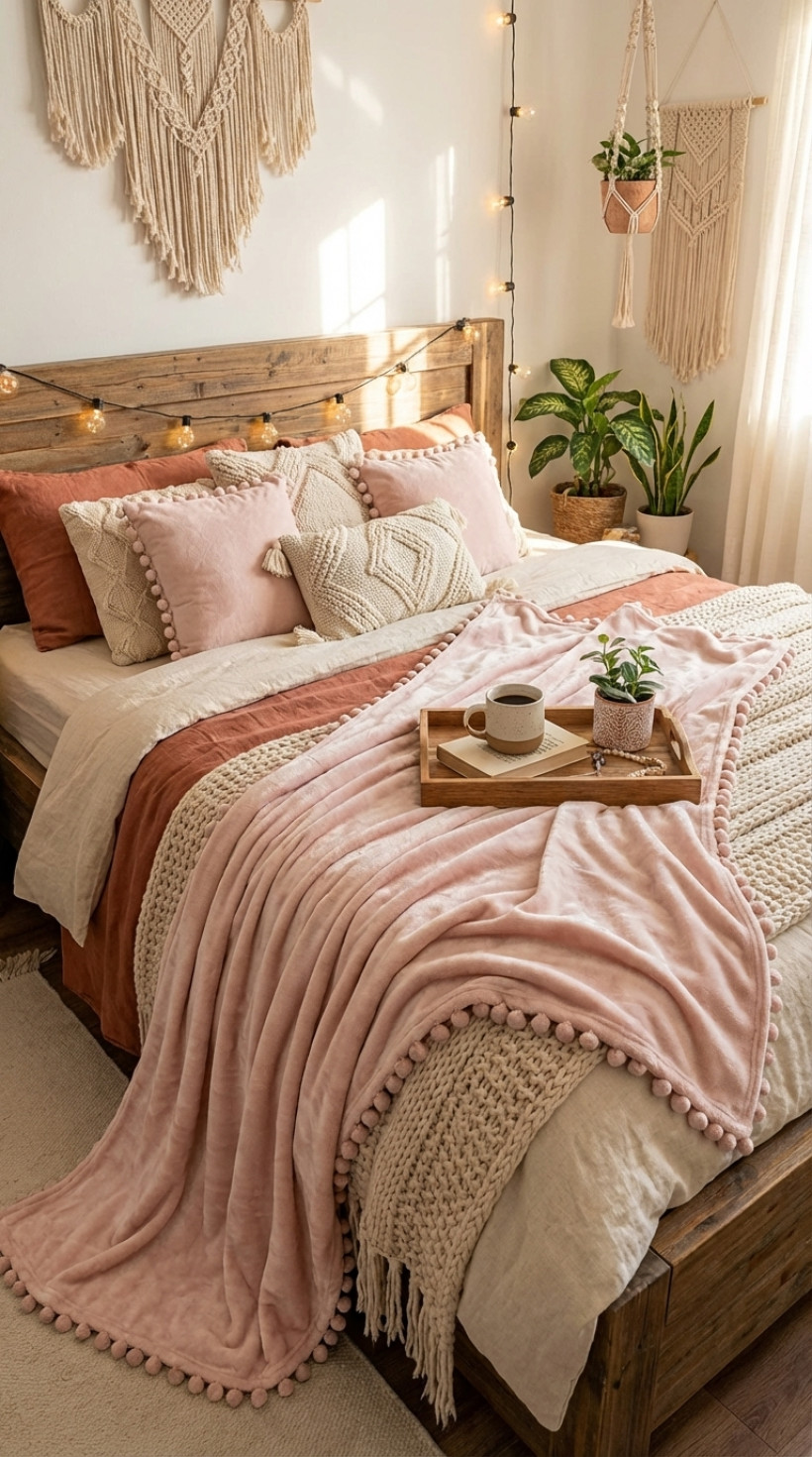 Koc boho z pomponami 130x180cm różowy KKE-130