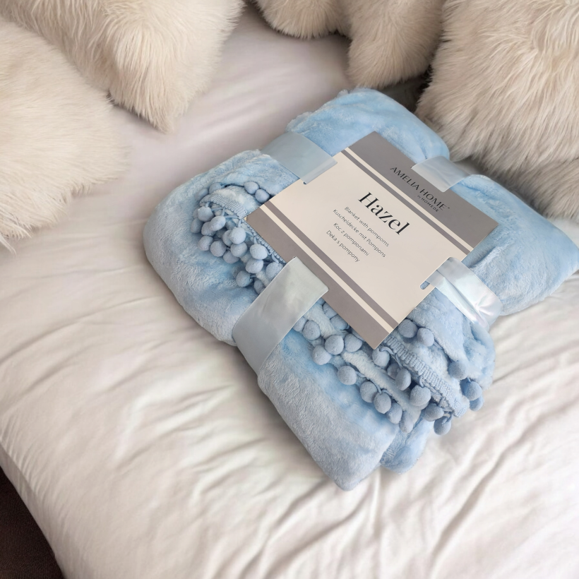 Koc boho z pomponami 130x180cm niebieski KKE-111