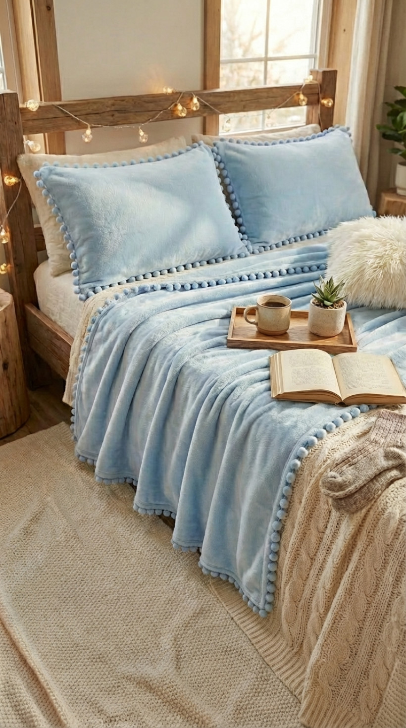 Koc boho z pomponami 130x180cm niebieski KKE-111