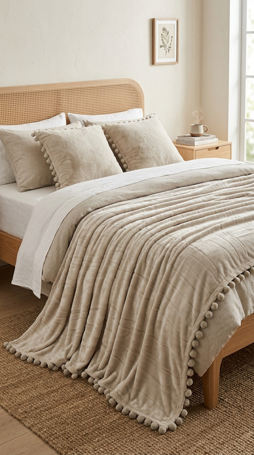 Koc boho z pomponami 130x180cm beżowy KKE-122